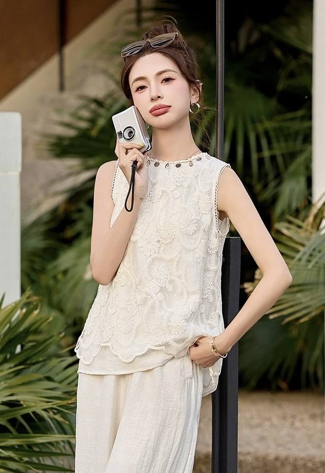 夏季新品夏季新款时尚气质重工刺绣蕾丝上衣阔腿裤套装 Smlxl