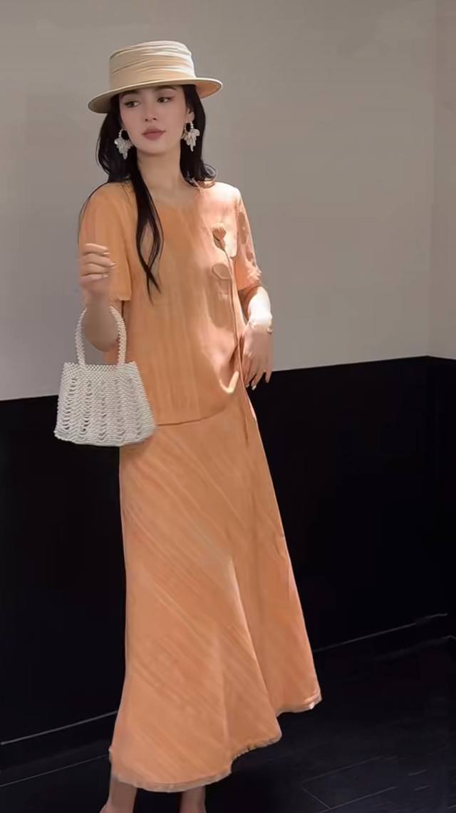 重磅天丝亚麻套装 纯手工撕毛边 定制花朵 高品质 超美套装 夏季时尚圆领花朵流苏边上衣半身裙两件套套装2色橘色 黄色Smlxl