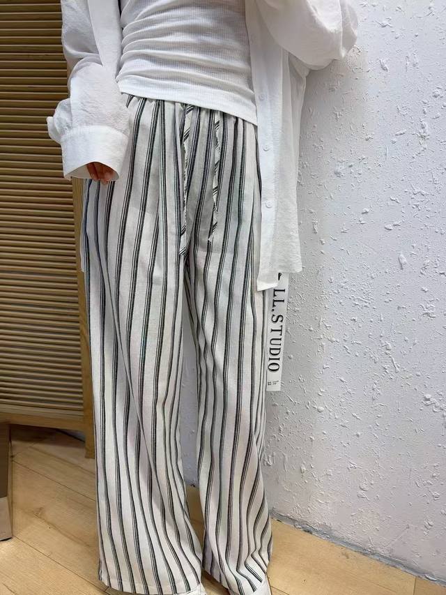 松弛感三件套 均码 穿到135斤 肌理感衬衣雪花螺纹棉纽扣背心苎麻条纹裤