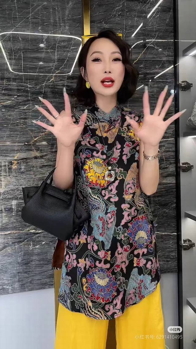 春夏爆款 中式国风立领印花盘扣裙 黄色 黑色Smlxl