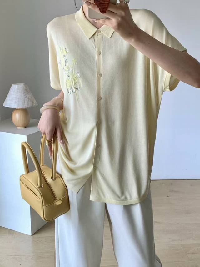 高级感亮片刺绣花卉翻领冰丝开衫气质宽松轻薄舒适短袖衬衣 莱赛尔天丝 大版型