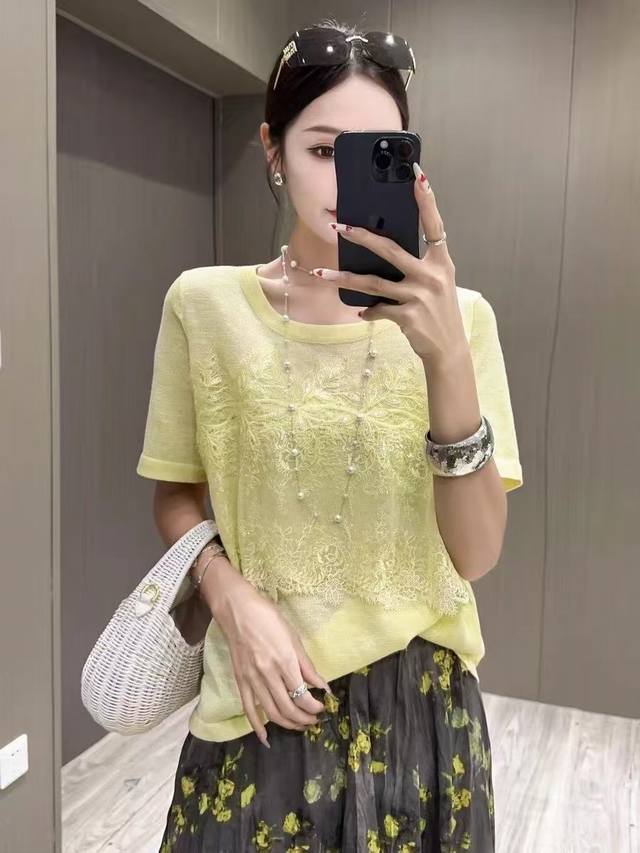 法式复古提花高级感白色圆领短袖竹节麻新款气质百搭上衣 均码