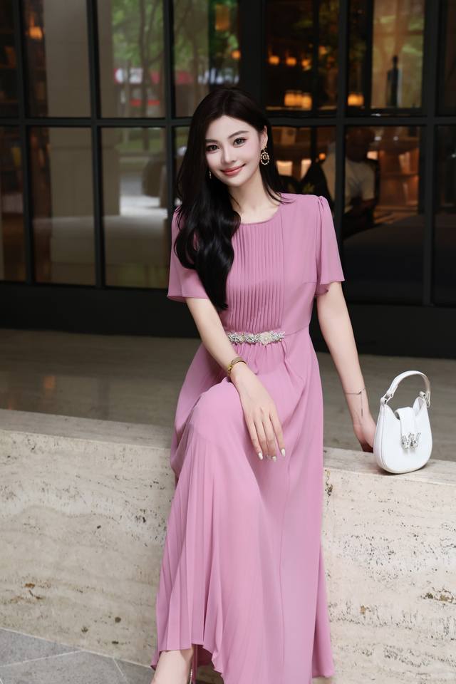 腰间钉珠压褶连衣裙 颜色 米杏色 蓝色 粉色 码数 S L Xl Xxl