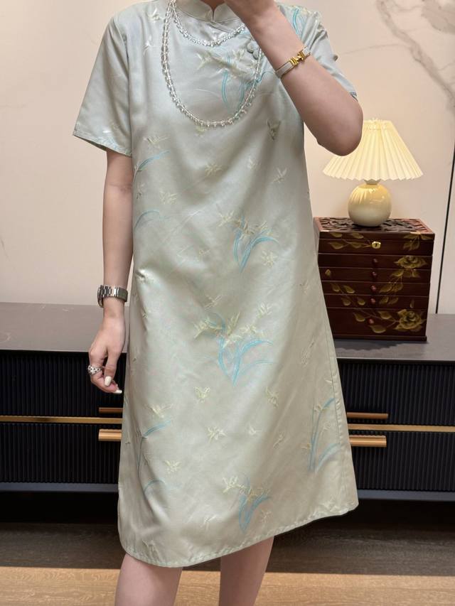 异色萝桑蚕丝兰花草旗袍裙 S- Xl