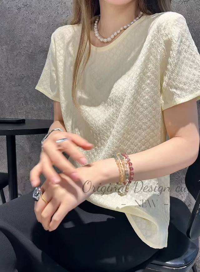 上新款 真丝弹力冠乐绉菱格圆领衬衣 米白 黄色 s一Xl 4码