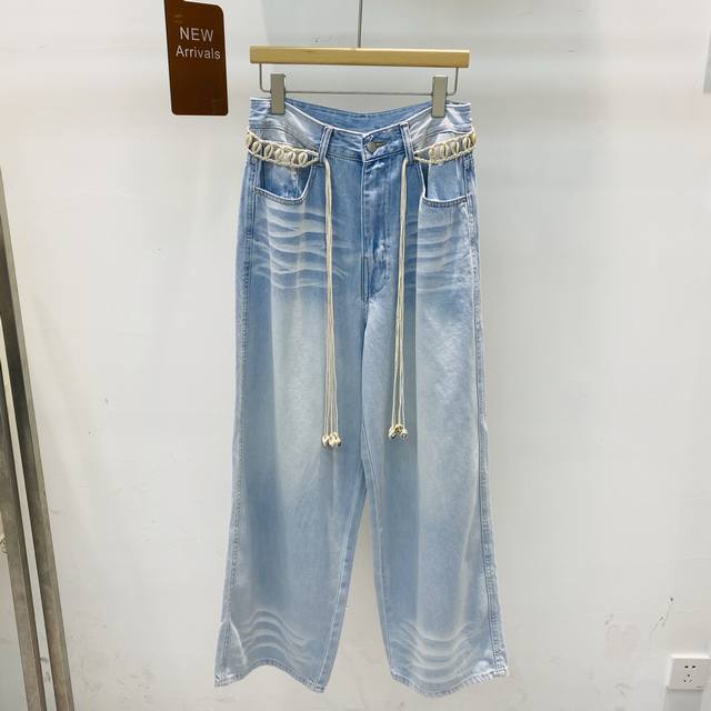 新款 高腰浅蓝色水洗直筒宽松百搭显瘦阔腿牛仔裤Smlxl