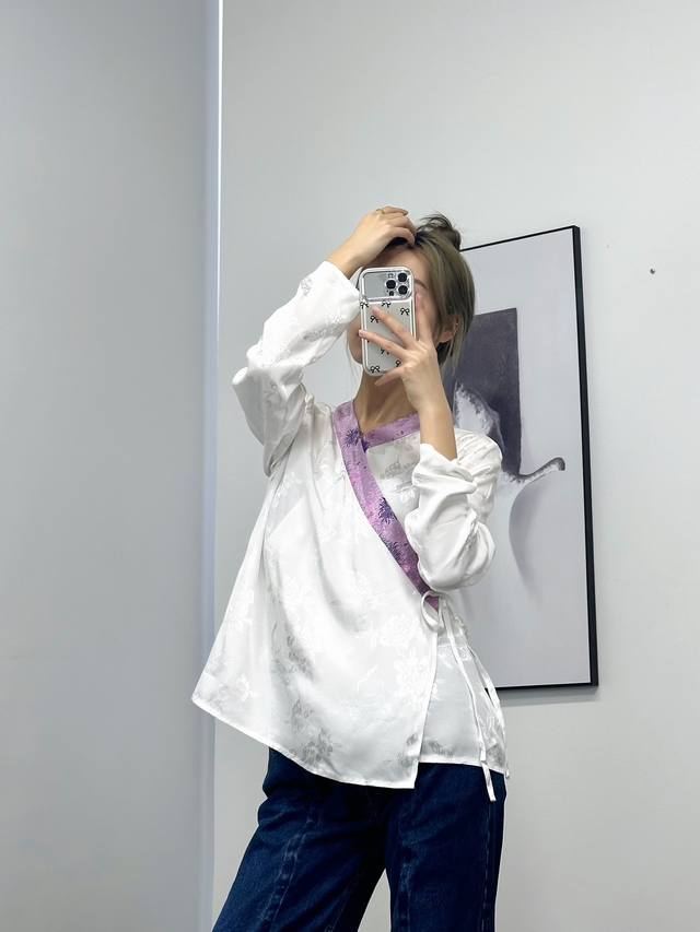 人丝提花中式撞色上衣 撞布桑蚕丝混纺 大身人丝提花 Sml