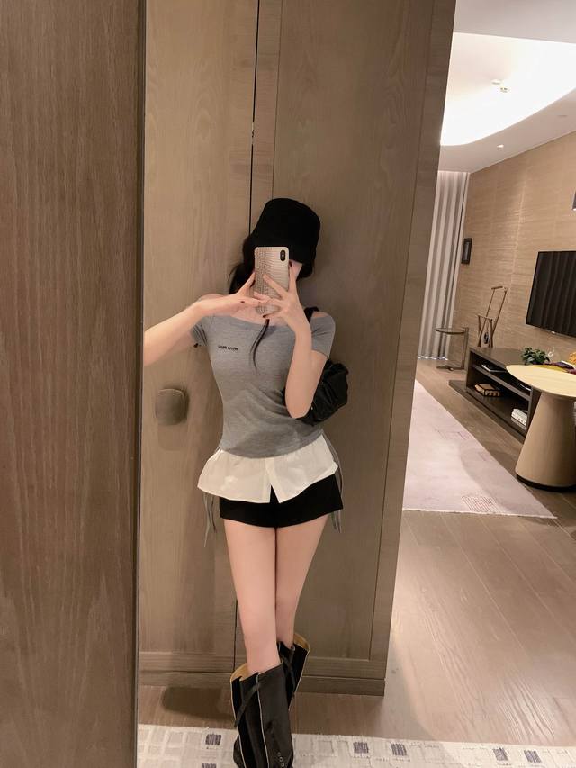 模特实拍已加入保护 货号 10893 斜肩抽绳衬衫裙式上衣 黑色 灰色