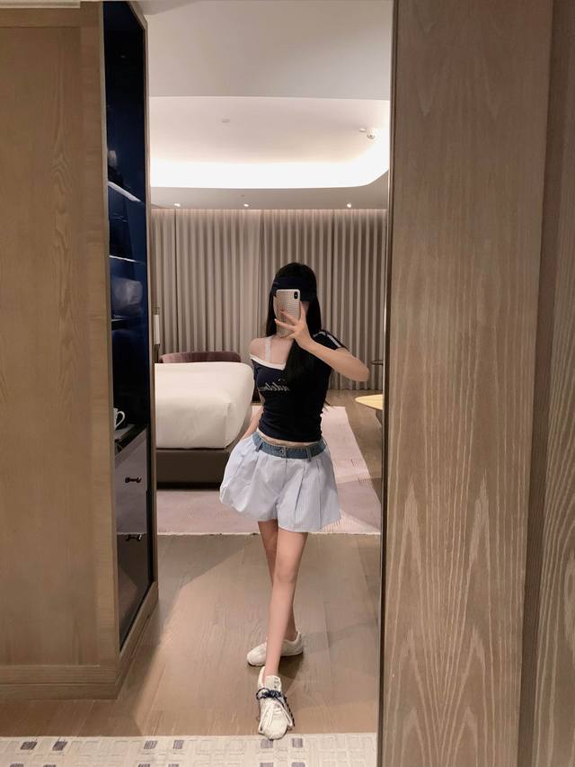 模特实拍已加入保护 货号 30205 aw老钱拼接牛仔腰头裤裙 条纹 白色 S M L