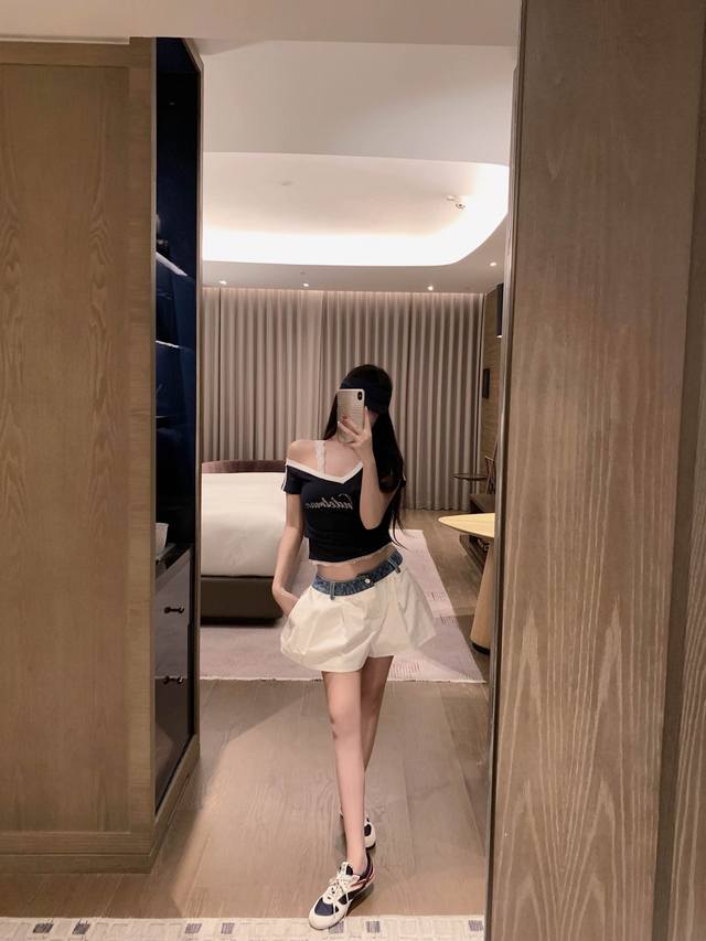 模特实拍已加入保护 货号 30205 aw老钱拼接牛仔腰头裤裙 条纹 白色 S M L