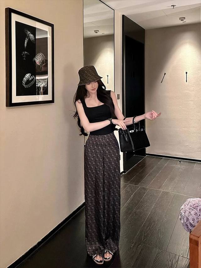 fend* 薄款高腰显瘦印花醋酸缎面裤高个子加长版裤休闲拖地裤 10450-1Sml