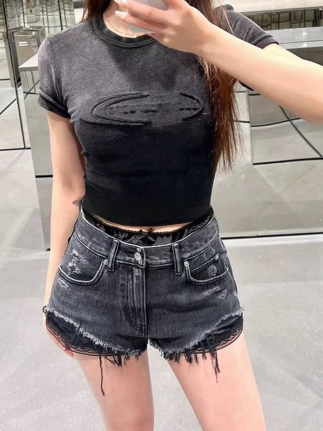 上新品质大王同款复古破洞牛仔短裤女夏季辣妹高腰蕾丝边热裤 两件叠穿纯欲风爱了 10226黑色Sm L