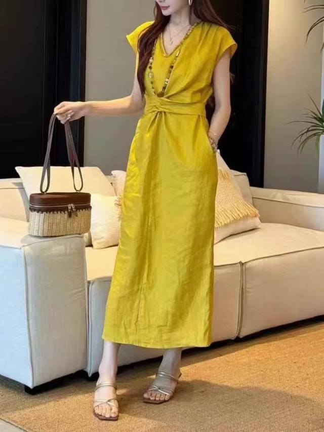 连衣裙 重磅100%亚麻套装5色 高品质 纯手工订珠 超美御姐风 欧洲站2025夏季新款欧货 高品质设计师款显瘦高级连衣裙 夏绑带设计气质经典连衣裙 5色橘色
