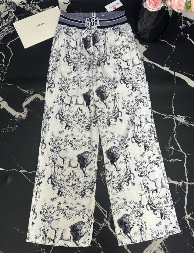 休闲裤 d家25春夏新款丛林动物织带松紧腰醋酸阔腿休闲裤 颜色:3色 码数:Smlxl