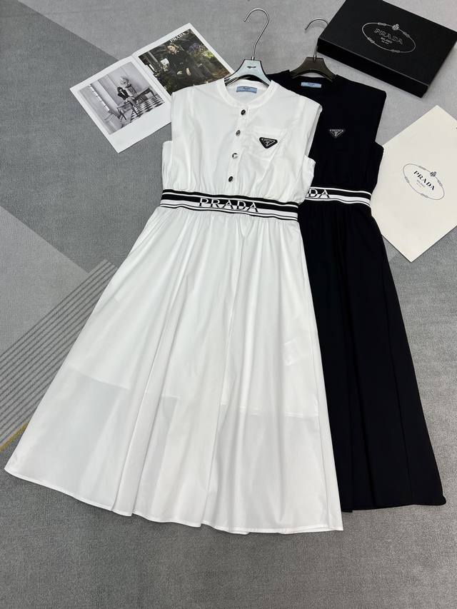 高品质prad* 25Ss新款无袖连衣裙定制三角标装饰 螺纹字母腰带 简单不简约 两色三码Sml