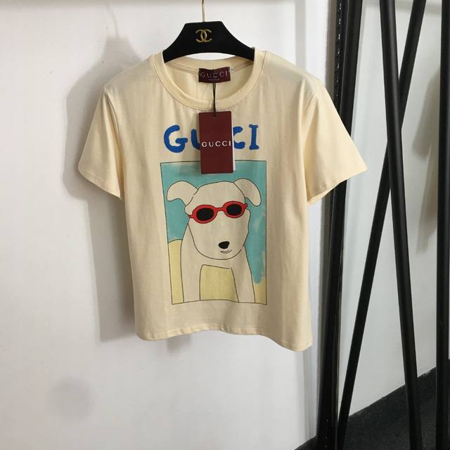 款号20253292 Gucc*新款 墨镜小狗船锚印花时尚短袖T恤 杏色 Sml M码 肩宽40 胸围98 袖长18 衣长57