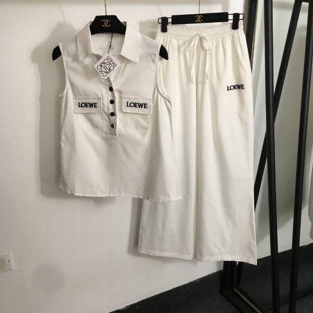 款号20253287 Loew*新款亚麻套装 Logo刺绣口袋无袖翻领背心+松紧腰阔腿长裤 白色 红色 藏蓝色 Sml M码 胸围86 衣长56 腰围62弹力