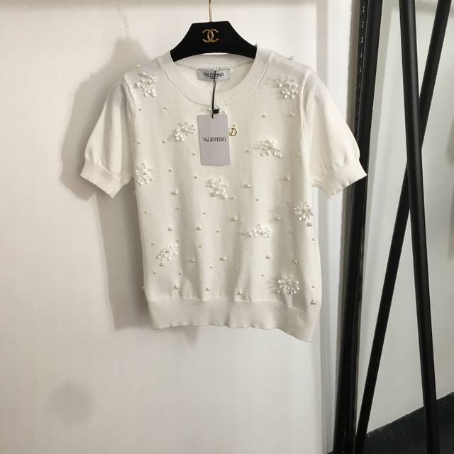 款号20253250 Valentin*新款 立体珍珠花朵装饰套头短袖针织衫 白色 藏蓝色 Sml L码 胸围92 袖长21 衣长54