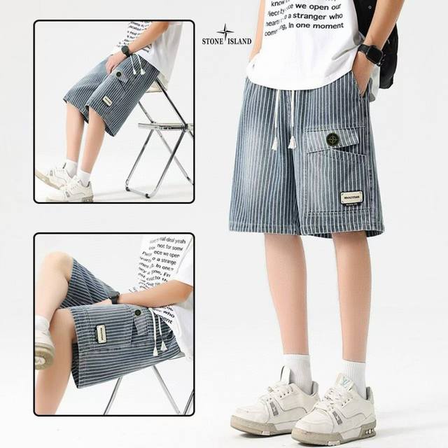 Stone Island石头岛海外版25Ss新款两色高品质Ins大口袋条纹工装牛仔短裤！ 裤子版型宽松 细节完美 水洗全棉工装牛仔面料耐磨耐脏 立体裁剪宽松版型