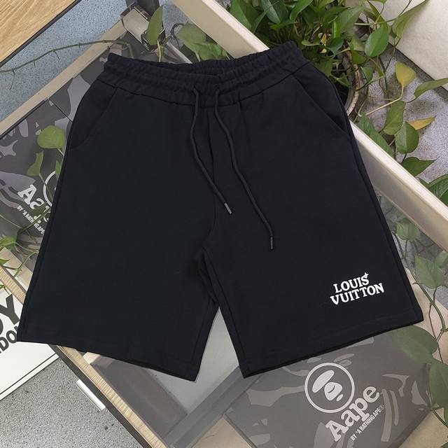 特价 黑色：S4 M2 L4 款号：Qd24086 2025新款Louis Vuitton路易威登Lv刺绣字母图案Logo绣花情侣毛圈五分短裤，采用360G重大