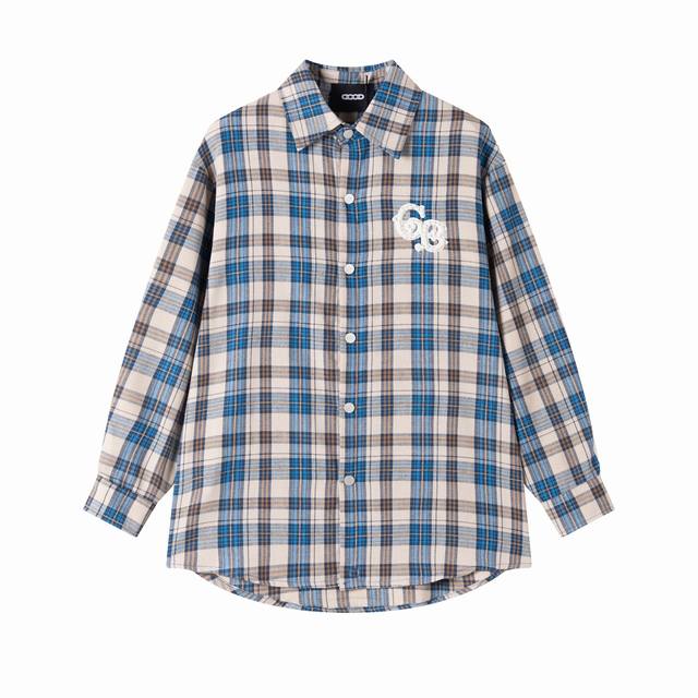Goodbrand 翻领格纹珍珠长袖衬衫 男女同款 颜色：蓝色 码数；M L Xl Xxl M码： 衣长69 胸围 肩宽46 - 斤 L码： 衣长71 胸围11
