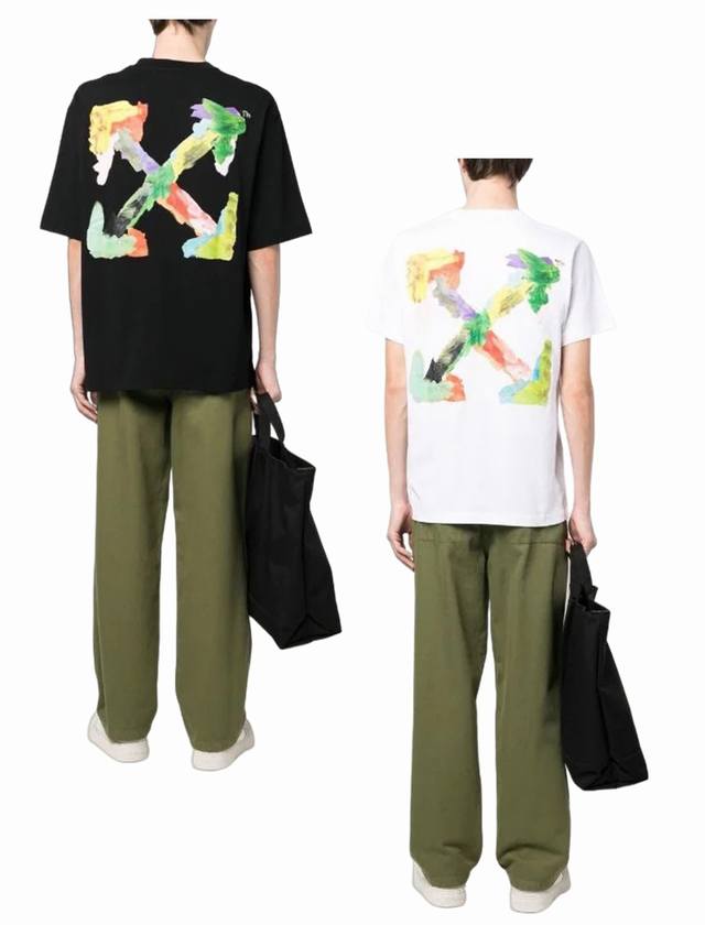 春夏最新款 品牌：Off-White 水彩油画箭头款短袖T恤！ 颜色：黑色 白色 尺码：Xs-S-M-L 男女同款 印花工艺：采用德国进口机器高清数码印花，环保
