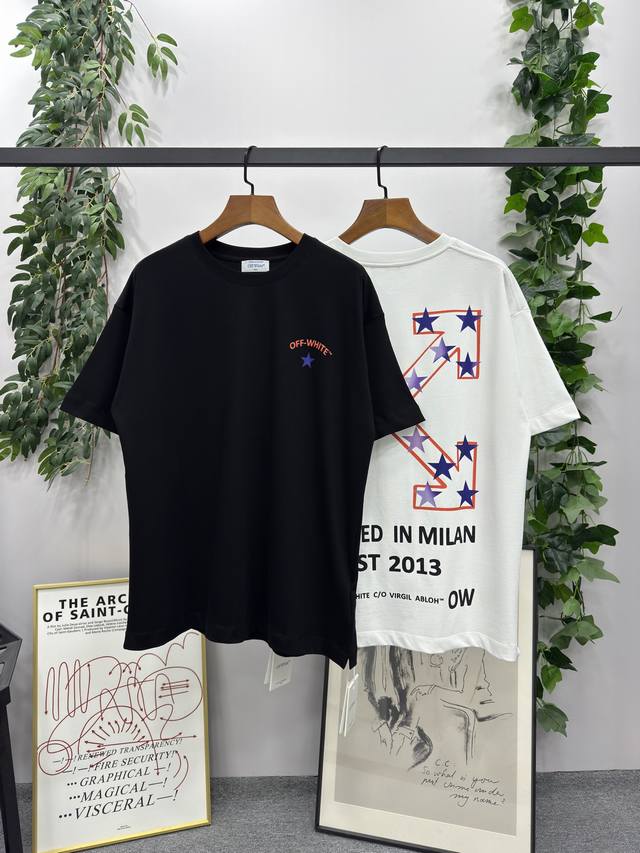 2025Ss春夏新款 品牌：Off-White 渐变五角星箭头款短袖T恤！ 颜色：白色 黑色 尺码：S-M-L-Xl 男女同款 面料：采用定制260克32织纯棉