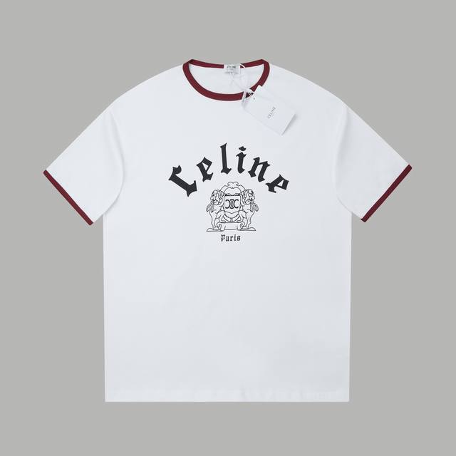 高版本 Celin* 25Ss早春新款 字母印花短袖 轻奢主义 男女日常通勤穿搭必备单品 正确版本 欢迎对比 详细特征 320克100% 纯棉双纱汗布面料 同缸