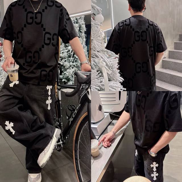 丶上新 古驰植绒短袖 细节图 新款上新 最新爆款 高版本爆款推荐Gucci 古奇 夏季男女同款宽松版型双G印花字母植绒短袖T恤！潮流时尚个性青年半截袖体恤。面料