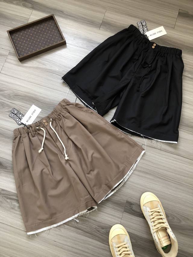 Epide Prefab 无标平替 纯色简约老钱风手工流苏 男女款休闲阔腿西裤短裤. 颜色：卡其 黑色. 面料：哔叽面料. 尺码：S M L. 版型：直筒. 尺