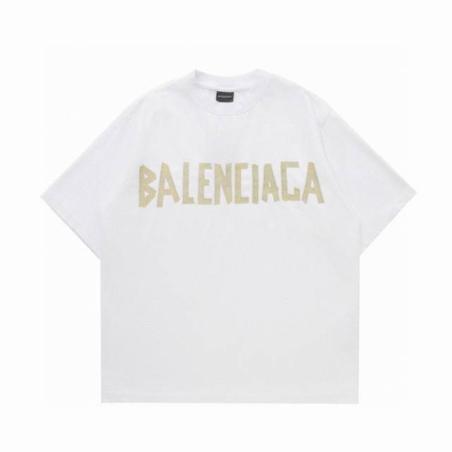 顶级复刻版本 Balenciaga 巴黎世家经典款重工黄色胶带拉浆做旧破洞圆领短袖T恤 款号：36801 面料: 300重磅纯棉，随意对比 规格采用实打实300
