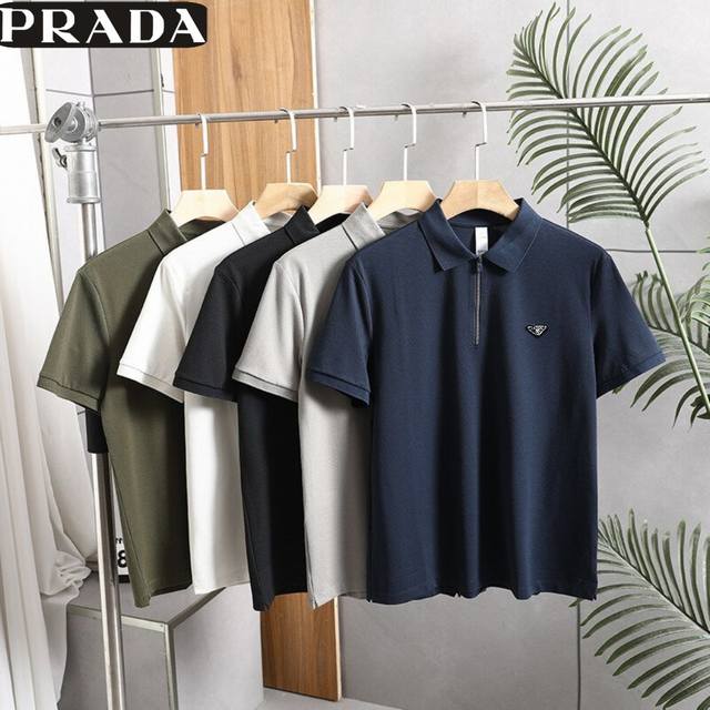 高品质重工普拉达Prada夏季新款，男女同款半拉链凉感防晒户外男款短袖Polo衫，男士短袖T恤上衣！ 颜色:黑色，米白色，军绿色，灰色，藏青色 尺码:M-4Xl