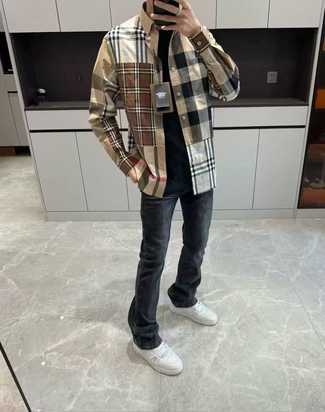 上新，代发款 当天物流 纯原臻品 顶级原版复刻 Burberry 巴宝莉25Ss新款拼接款格子衬衫 格纹拼接定位设计 春夏推荐 男女同款 单独定染定织100支高