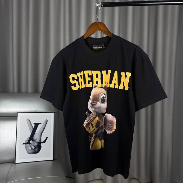 经典黑 独家臻品 笑脸3D小松鼠印花圆领纯棉短袖情侣款宽松T恤男女同款 -全套1:1定制辅料硅胶钥匙扣定制三标Yuan版吊牌Logo包装袋 -面料采用240G双