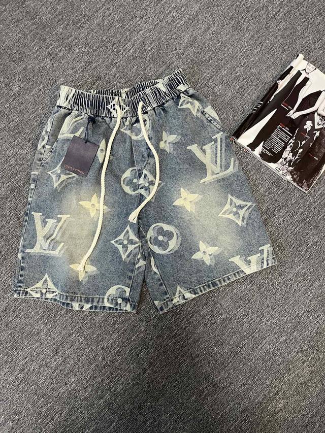 Louis Vuitton Fw25 &路易威登夏季新款满印提花牛仔五分裤休闲宽松牛仔短裤、 男女同款~最高版本特殊走线工艺老花Logo，Iv经典元素、 尺码: