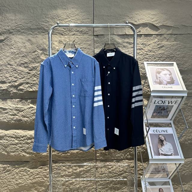 市场最高版本 三标齐全Thom Browne 汤姆布朗2025新款Tb牛仔蓝灰色男女中性蓝色外套男女同款手臂四杠衬衣全棉法兰绒情侣休闲衬衫 最高版本！特殊走线工
