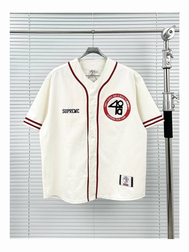 Sup50短袖棒球衬衫 米白色 黑色 S-Xl Supreme X 40 Acres 联名款 Ss25 Week9 Twill Baseball Jersey