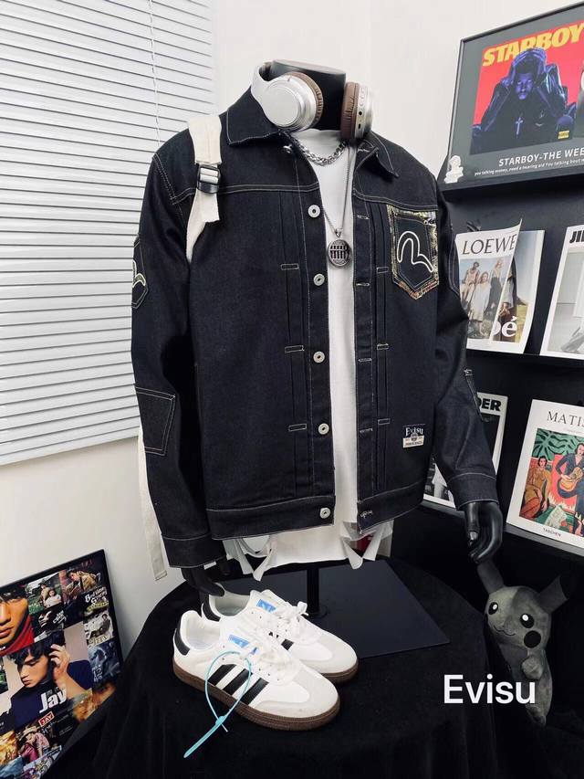 Evisu福神多口袋重工刺绣复古牛仔外套男女同款 搭配情侣更赞哦 顶级版 高品质官网发售款｜超级推荐｜超人气单品Ins小红书热门爆款 情满怀满 绝细对节多到让你