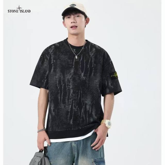 上新 ！！ ！！！ Stone Island石头岛 重磅假两件复古高街扎染做旧宽松圆领户外运动短袖T恤 高街青年学生运动潮款 Stone Island户外休闲青