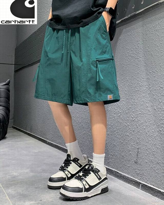 卡哈特Carhartt夏季新款，男女同款松紧腰抽绳薄款清凉透气休闲工装短裤，男士五分裤，中裤！ 颜色:紫色，卡其色。绿色，黑色 尺码:M-5Xl