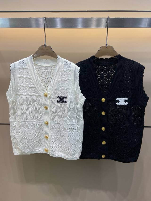 Celine赛琳凯旋门刺绣镂空V领针织背心 款号：25670106174 颜色：白色 黑色 尺码：均码 80-125斤