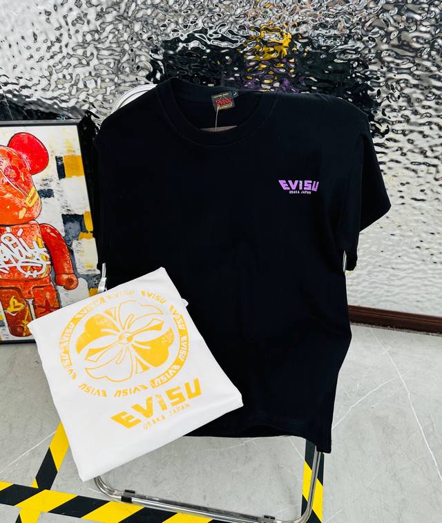 Evisu 福神25夏季新款印花休闲宽松情侣款 短袖T恤D1068 细节:版本一比一复刻，吊牌 领标 水洗。 面料：采用40织双纱280克面料，原版1:1高克重