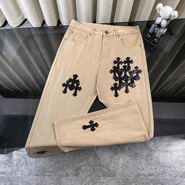 Ch克罗心Chromehearts 迈阿密限定黑色十字架贴皮卡其色牛仔裤 柜价20W级别，贴布十字花点缀，水洗牛仔裤！！ 绝对高端的奢华产物，1.9W级别的神级