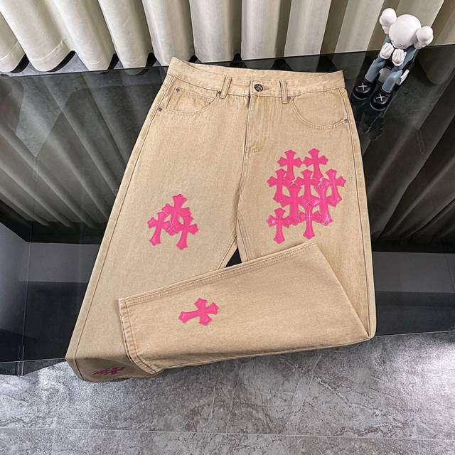 Ch克罗心Chromehearts 迈阿密限定荧光粉棕卡其色牛仔裤 柜价20W级别，贴布十字花点缀，水洗牛仔裤！！ 绝对高端的奢华产物，1.9W级别的神级单品超