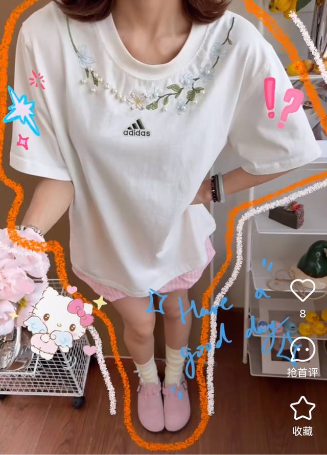 阿迪达斯Adidas 阿迪达斯珍珠+刺绣花情侣款短袖宽松版型T恤衫学院风短袖 ~260克双纱紧密纯棉面料 不起球不变形 透气舒适抗菌 ~版型比较立体男女都能穿