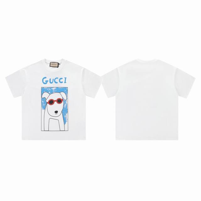 Gucci 古驰 25Ss 插画系列红色墨镜小狗印花情侣圆领短袖T恤-顶级原单版本 Color：白色 Size：S M L Xl Number：250320 选
