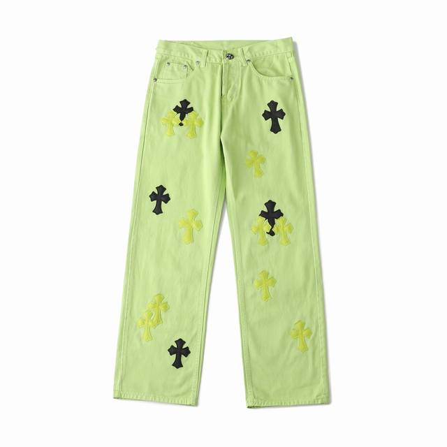 Chrome Hearts 克罗心2025新款多巴胺牛油果绿十字架贴皮情侣款水洗牛仔裤 顶级天花板品质 不同水洗质感的款式，对腿细腿粗人士十分友好，直筒的版型十