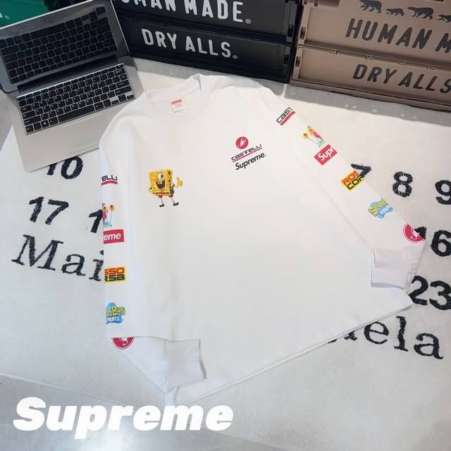 Supreme 海绵宝宝 联名款 Ss25 Week11 Racing L S Tee 海绵宝宝搞怪印花图案圆领长袖潮牌T恤 男女同款 -面料：采用原版一比一定