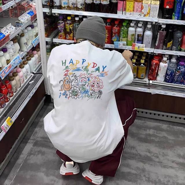 260G重磅纯棉 Nike 耐克 Nk 绚烂色彩彩绘 线条画 “Happyday” 短袖T恤 男女同款 半袖 情侣款 面料工艺： 1.260G重磅纯棉，100%