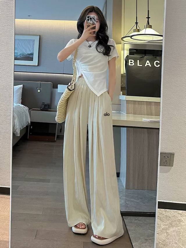 Alo慵懒山本裤宽松垂感日系休闲直筒新款夏季薄款冰丝阔腿裤女 ~冰凉防晒黑科技体验5度降温科技面料 不惧高温 ~够柔 够薄不透 够凉 ~耐磨 耐穿 好打理 不起